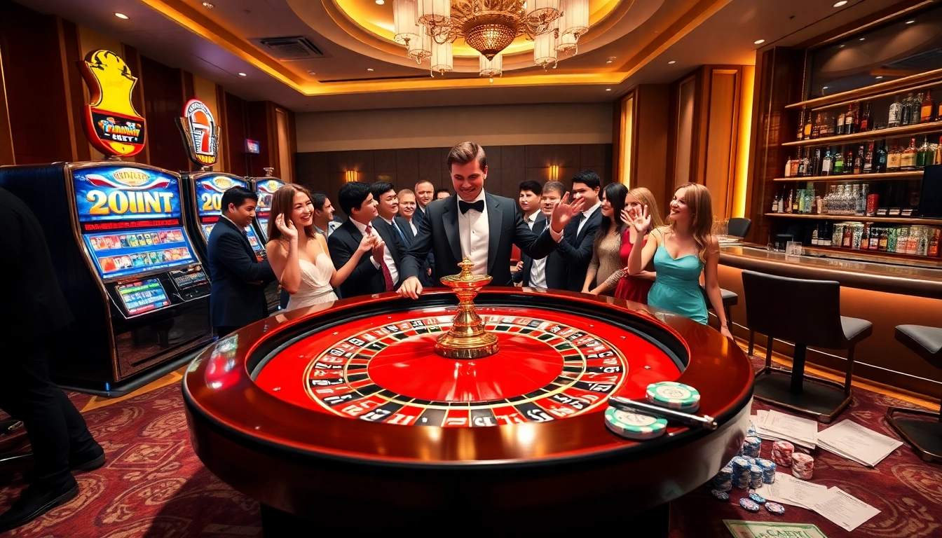 Excited players engage with the roulette table at NK88 casino, capturing the thrill of high stakes betting.