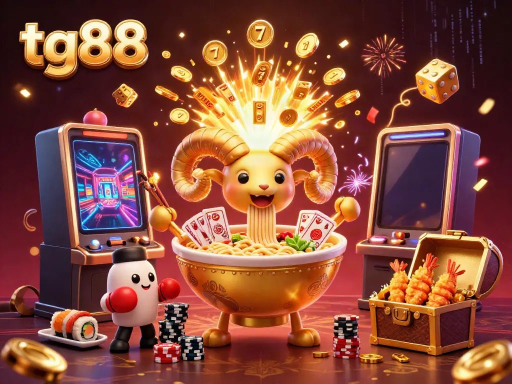 Engage with tg88 gaming excitement showcasing a giant ramen bowl dealer amidst a lottery-inspired casino scene.