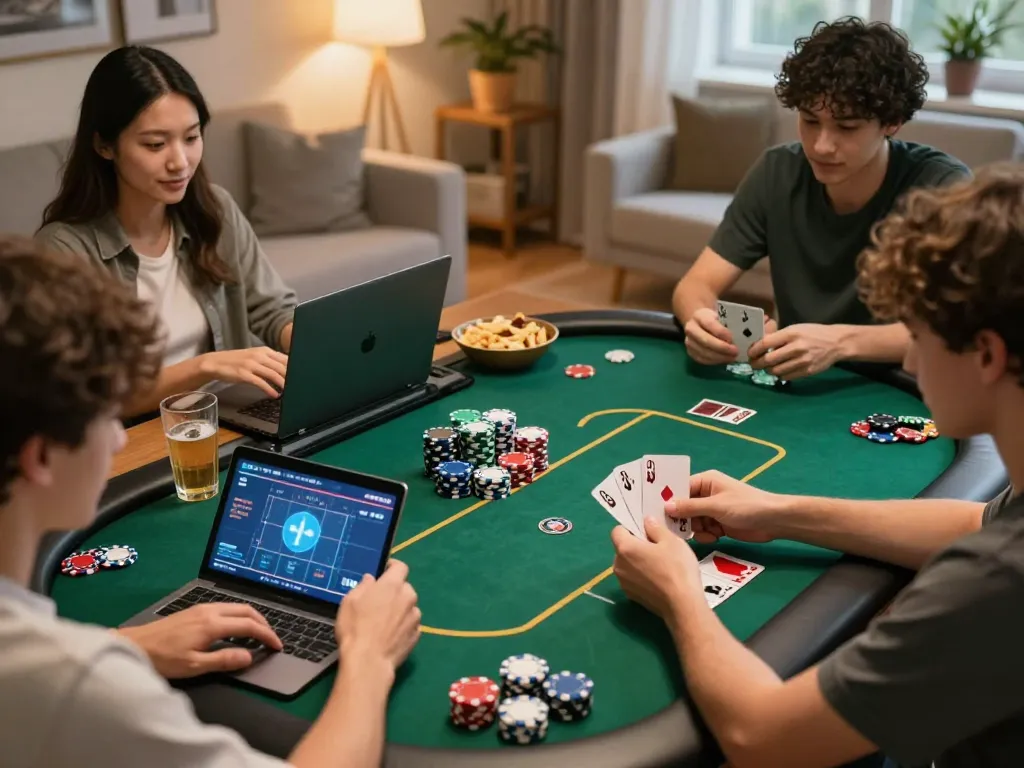 Engaging online poker game session featuring players competing on various devices, showcasing lc88 strategy in a cozy environment.
