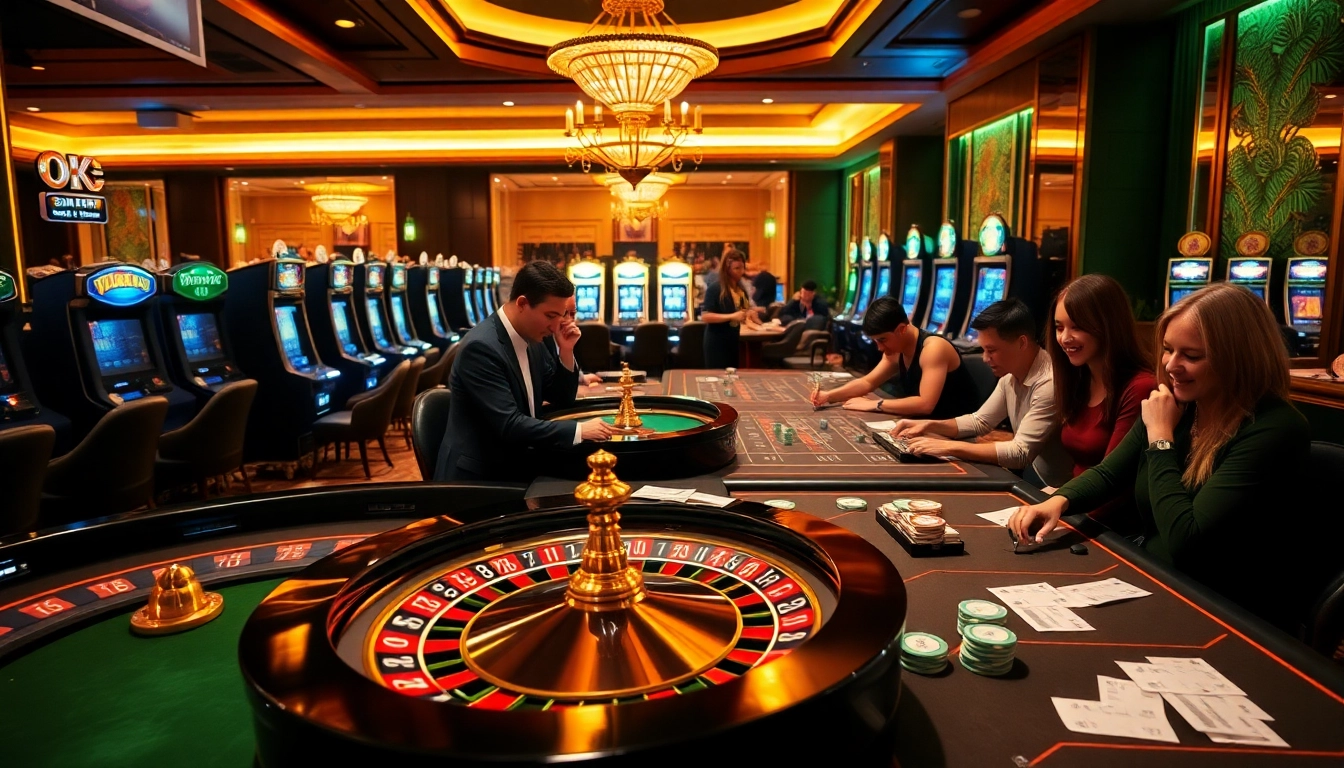 Experience the thrill of gambling at OK 365 with luxurious casino visuals, featuring poker tables and slot machines.