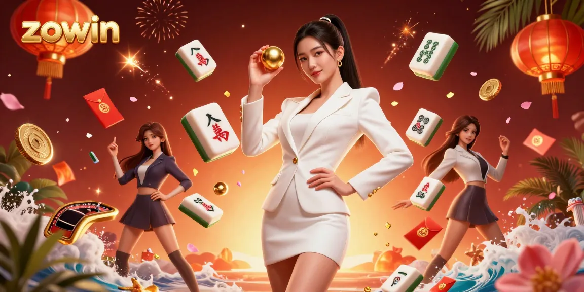 Zowin captivates with a striking casino scene featuring an Asian woman adorned in luxury, expertly balancing a roulette ball amidst vibrant gaming elements.