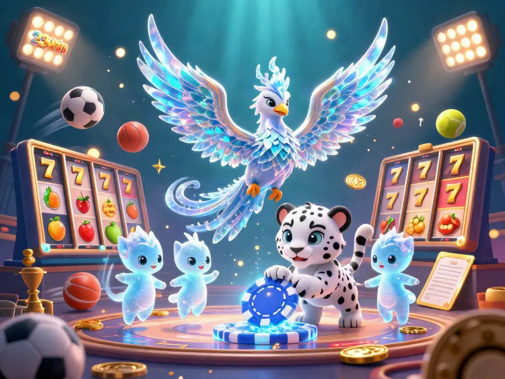 Engage with 23win's captivating ice phoenix and snow leopard cub in a vibrant casino illustration.