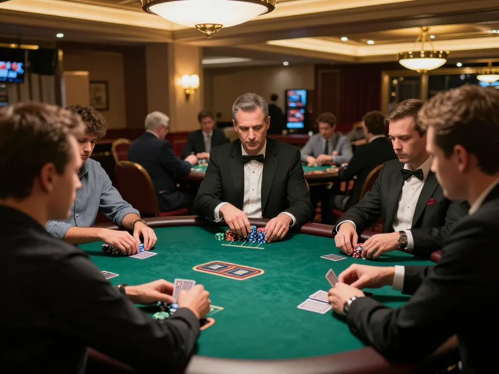 KJC players strategizing in a thrilling poker game with vibrant chips and warm casino ambiance.