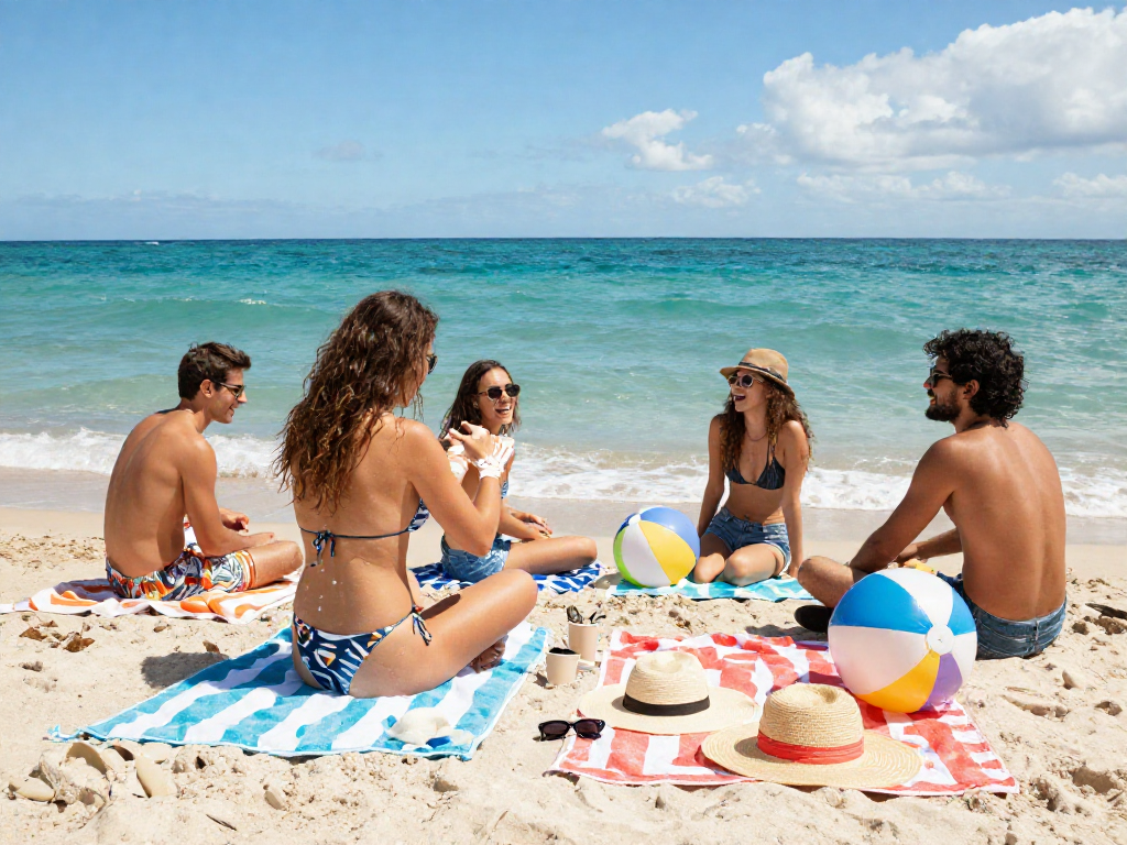 Friends enjoying a sunny beach day with stylish BIKINISLOT, showing vibrant summer accessories and ocean backdrop.