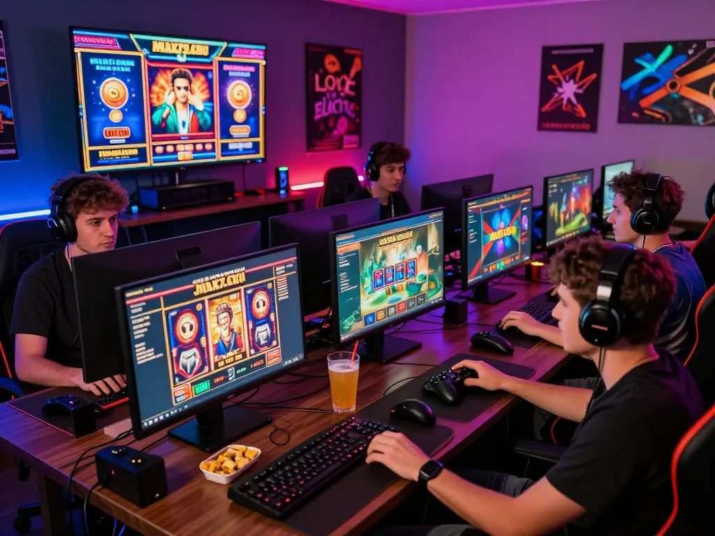 Friends enjoying online gaming on https://max79.guru/ in a vibrant and energetic setting.