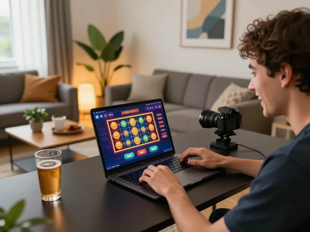 Tg88.com online gaming setup with a player engaged in exciting casino games at home, vibrant and cozy atmosphere