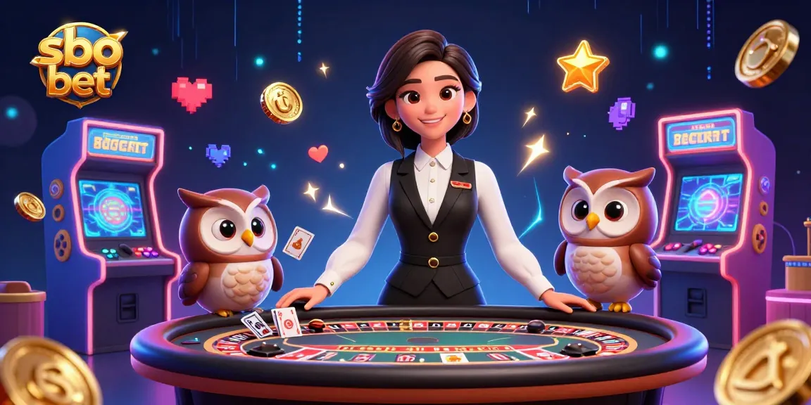 Sbo bet scene featuring an Asian woman dealer and cartoon owl assistant at a baccarat table amidst vibrant gaming elements.