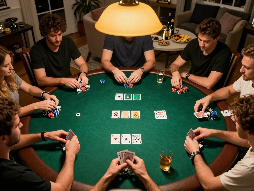 Playing poker with friends at home, engaging with J88. com game and enjoying the social atmosphere