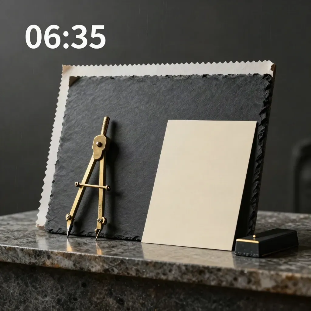 Charcoal brand strategy still life with brass compass, slate weight and layered sheets on stone