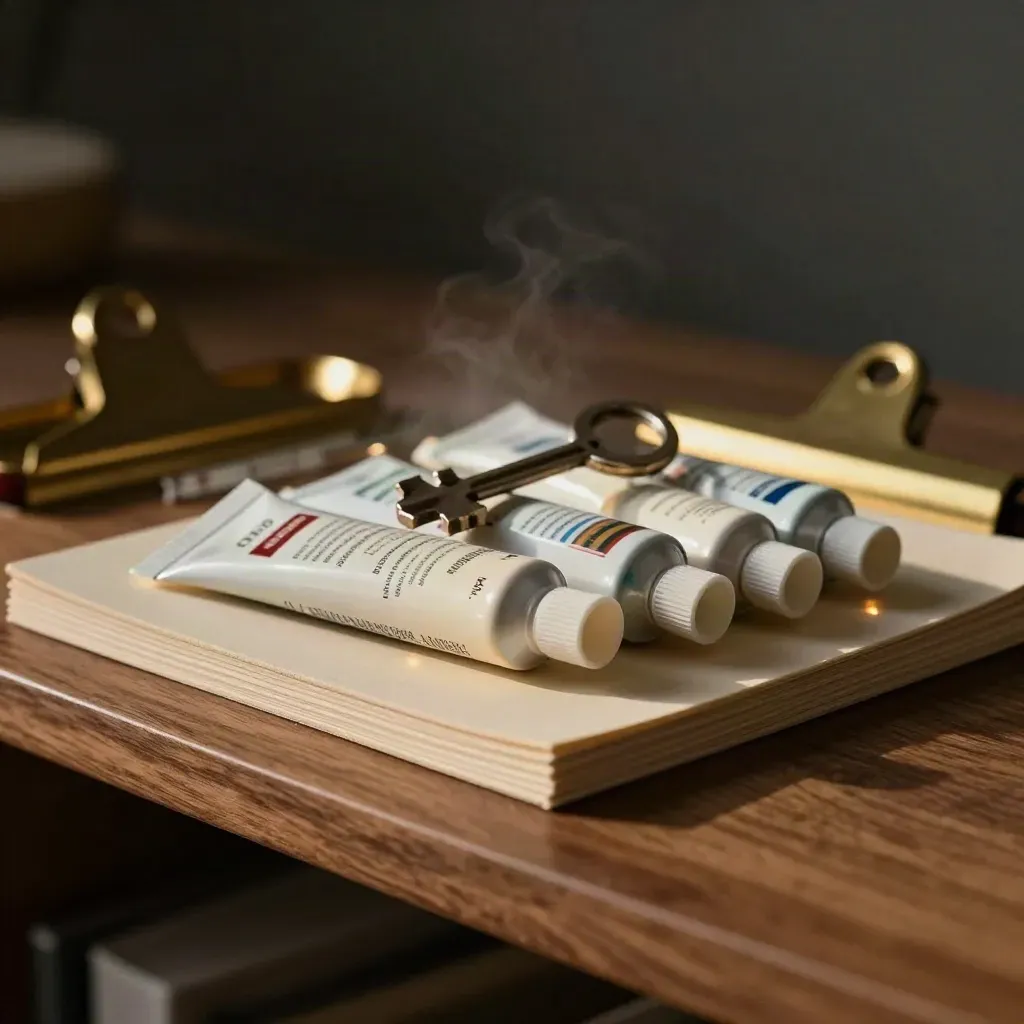 Cream sample deck, sealed postage tubes, and brass clip tray on a walnut shelf in dramatic studio light