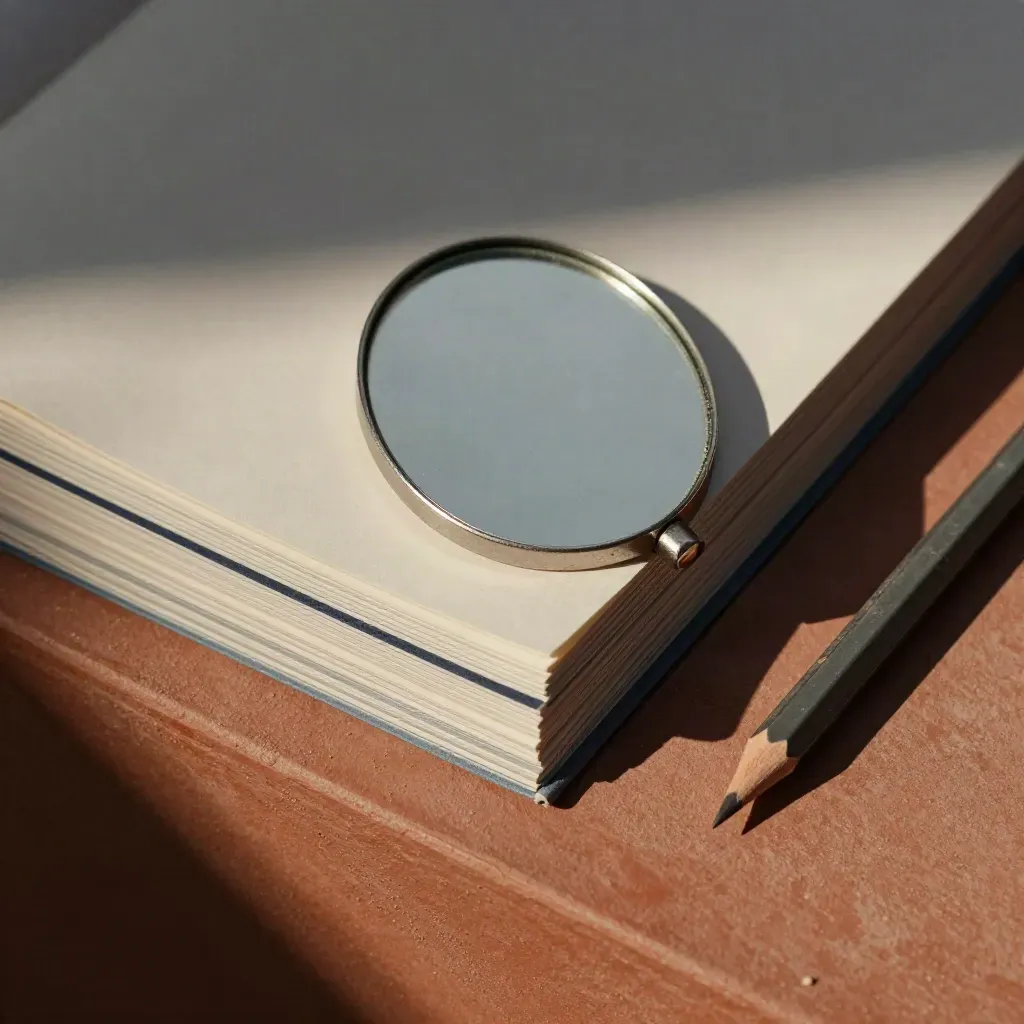 Steel inspection mirror, report sleeves, and a pencil on a terracotta ledge.