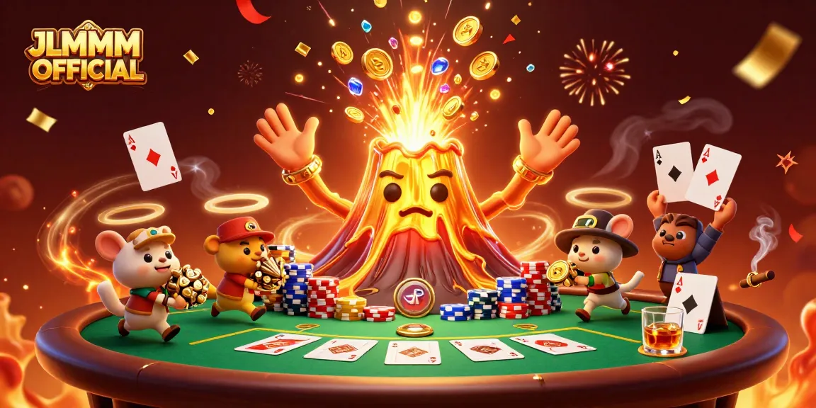 Engage with the vibrant scene of JLMMM OFFICIAL, showcasing poker excitement and a magical eruption of treasure.