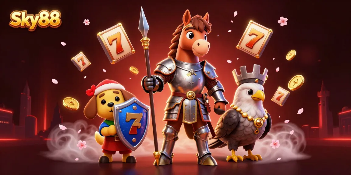 Witness the excitement of Sky88 with a dynamic casino scene featuring slot reels and vibrant game elements.