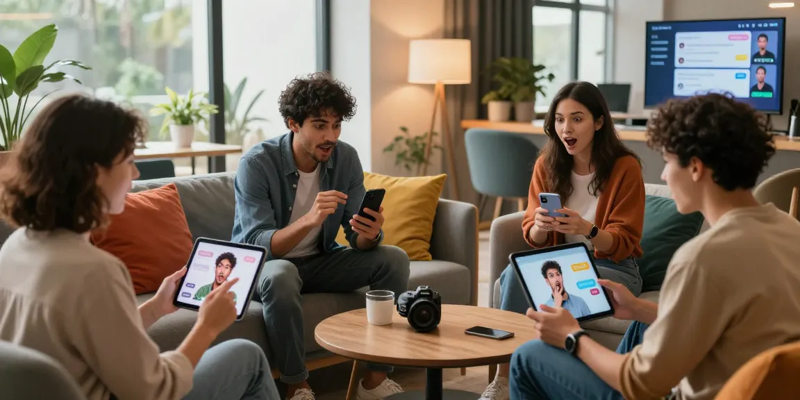Engaging group interacting with sex chat AI in a modern lounge, showcasing vibrant technology.