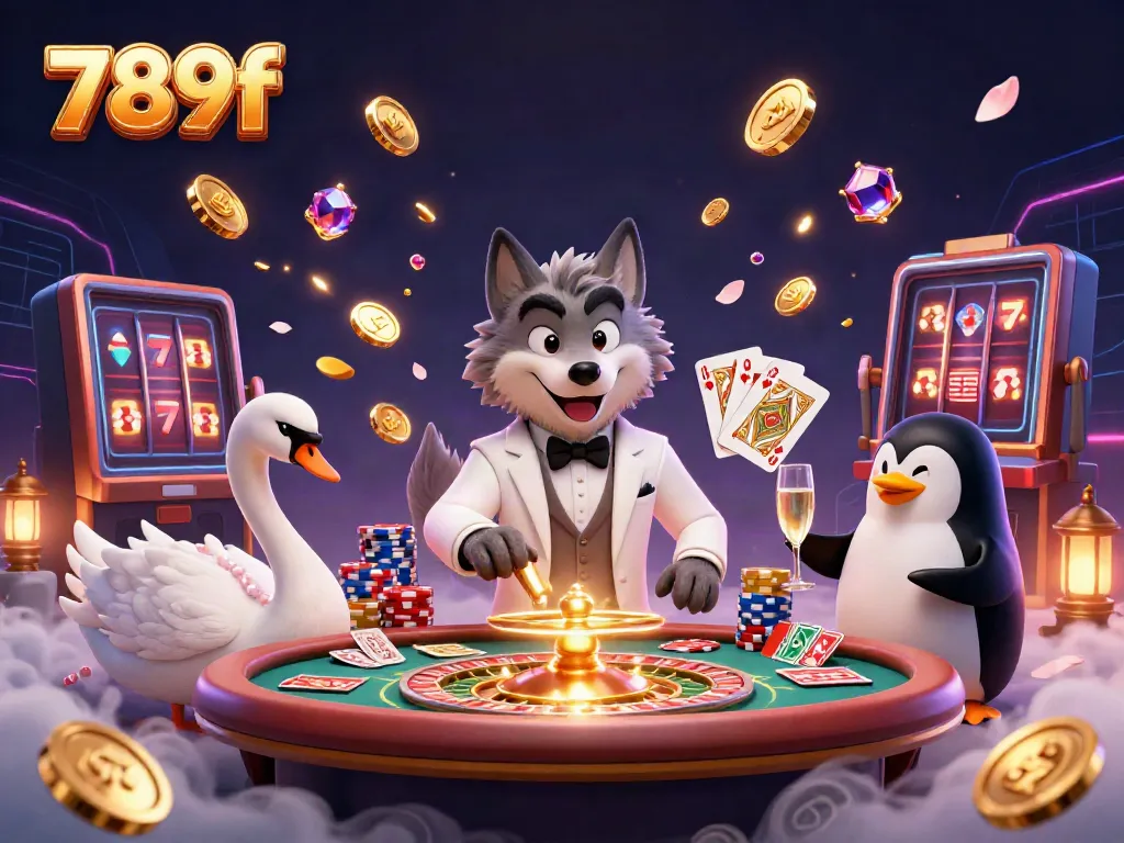 Experience the thrill of 789f with a lively casino scene featuring a wolf at a baccarat table, a swan dealer, and a penguin sommelier.