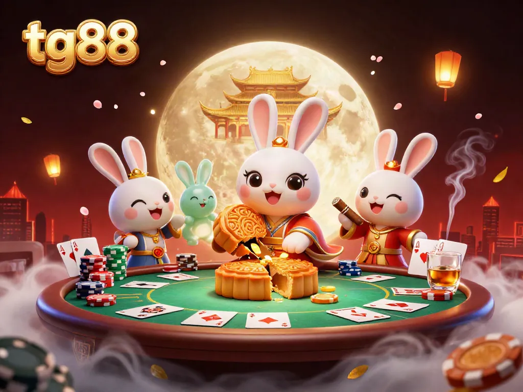 Experience the thrill of tg88 with a lunar poker game featuring a moon rabbit and poker chips.
