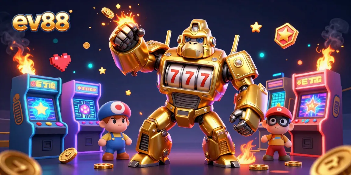 Spin and win at ev88 with an explosive 3D fun-filled casino battle featuring a golden gorilla mech.