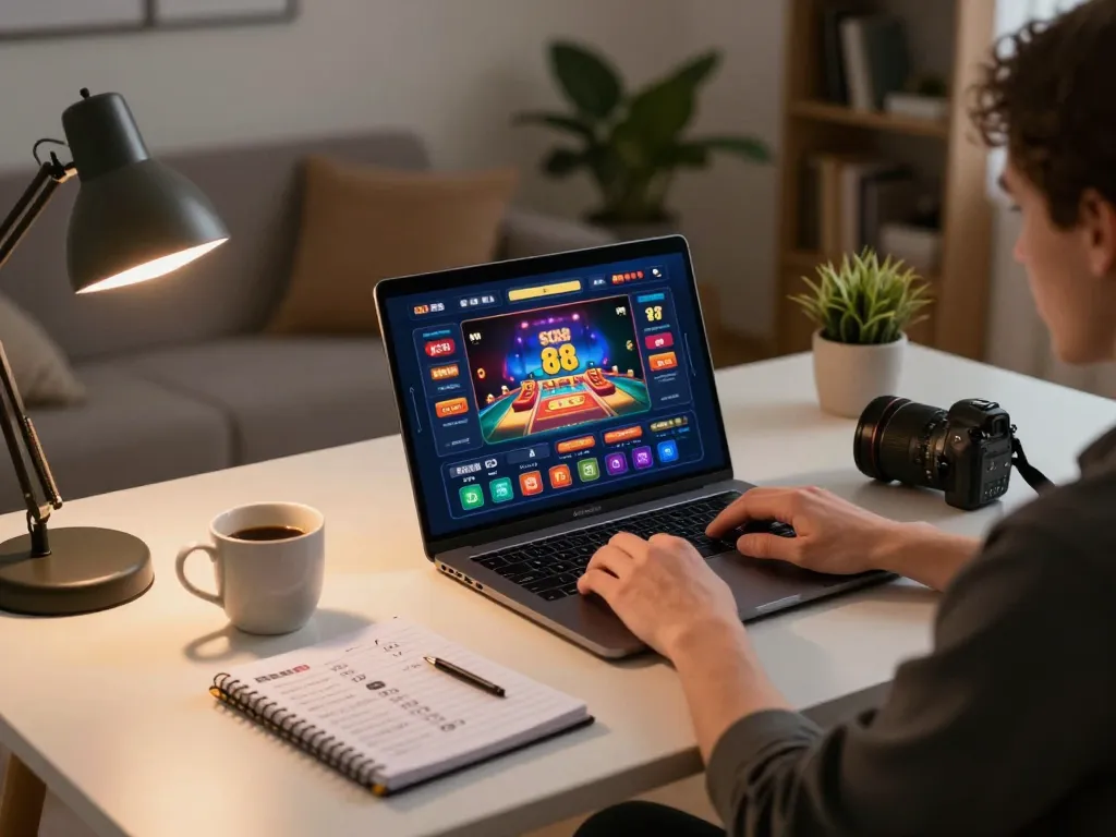 Player engaging with sc88 online casino game on laptop in a stylish home office