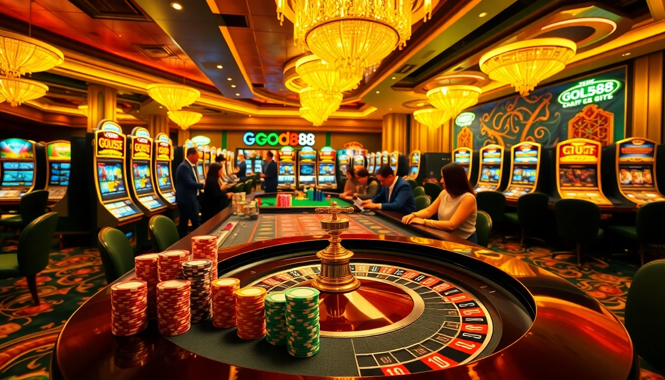 Engaged players enjoying a vibrant casino experience at Good88, featuring roulette, poker, and slot machines.