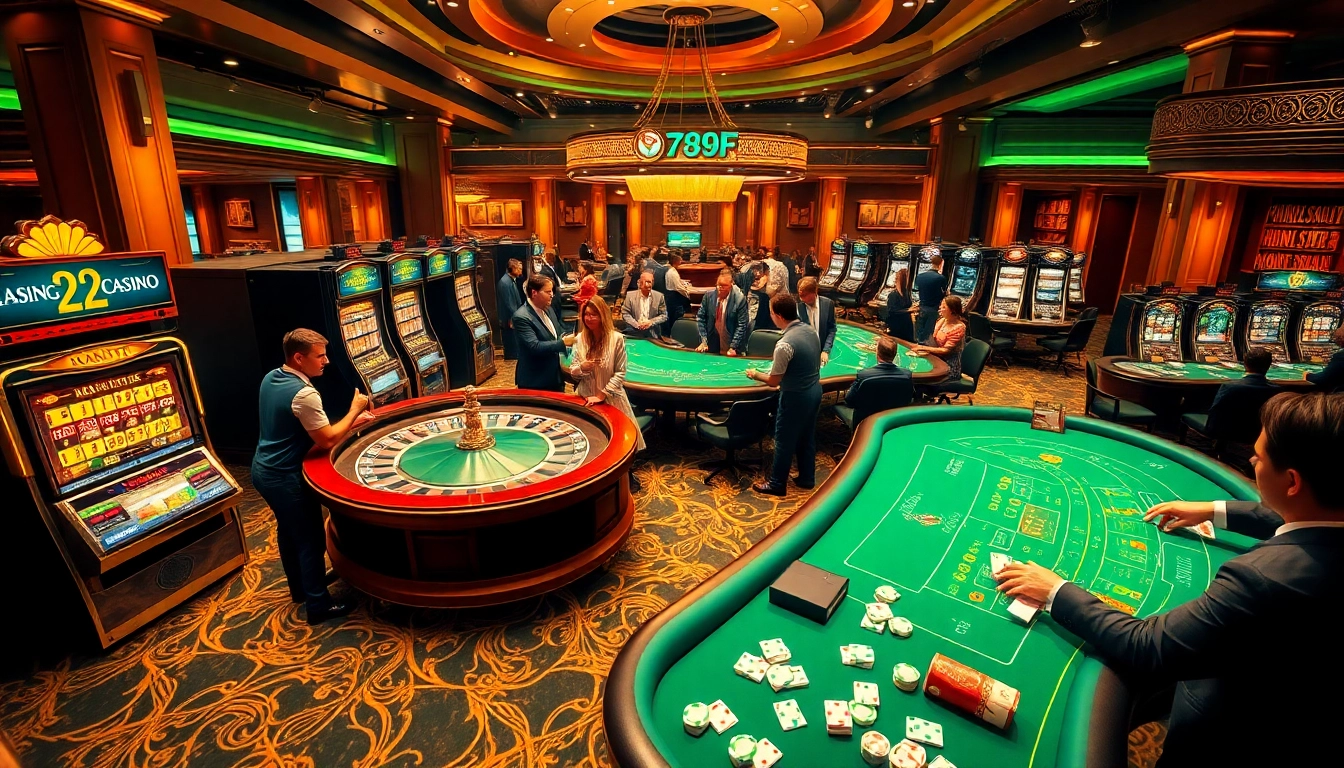 Players enjoying exciting games at 789F casino, featuring vibrant slot machines and poker action.