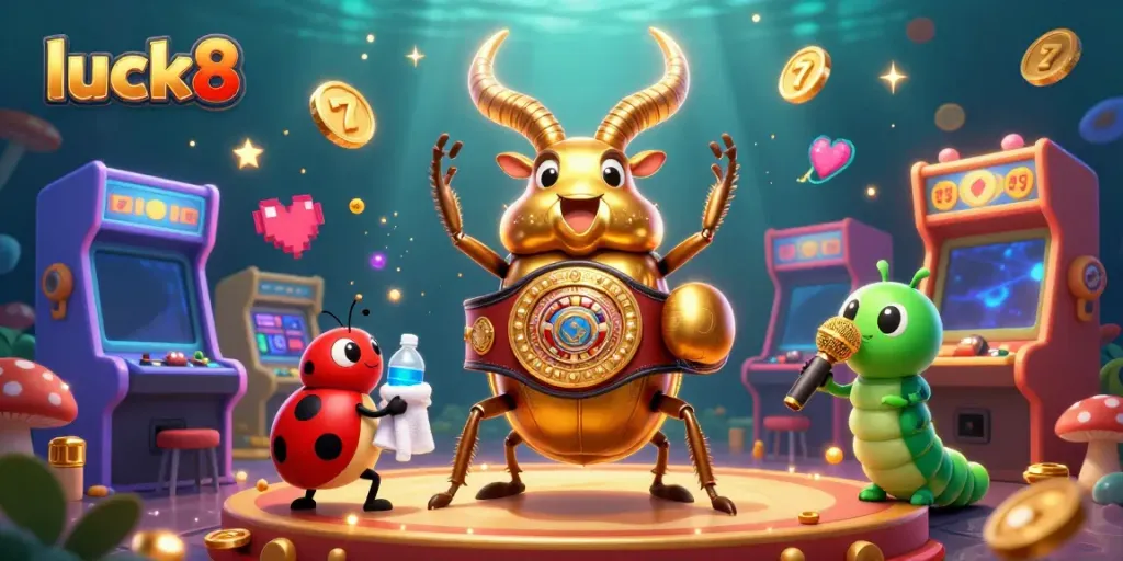 Engage with luck8's vibrant gaming atmosphere featuring a golden stag beetle in a casino-inspired scene.