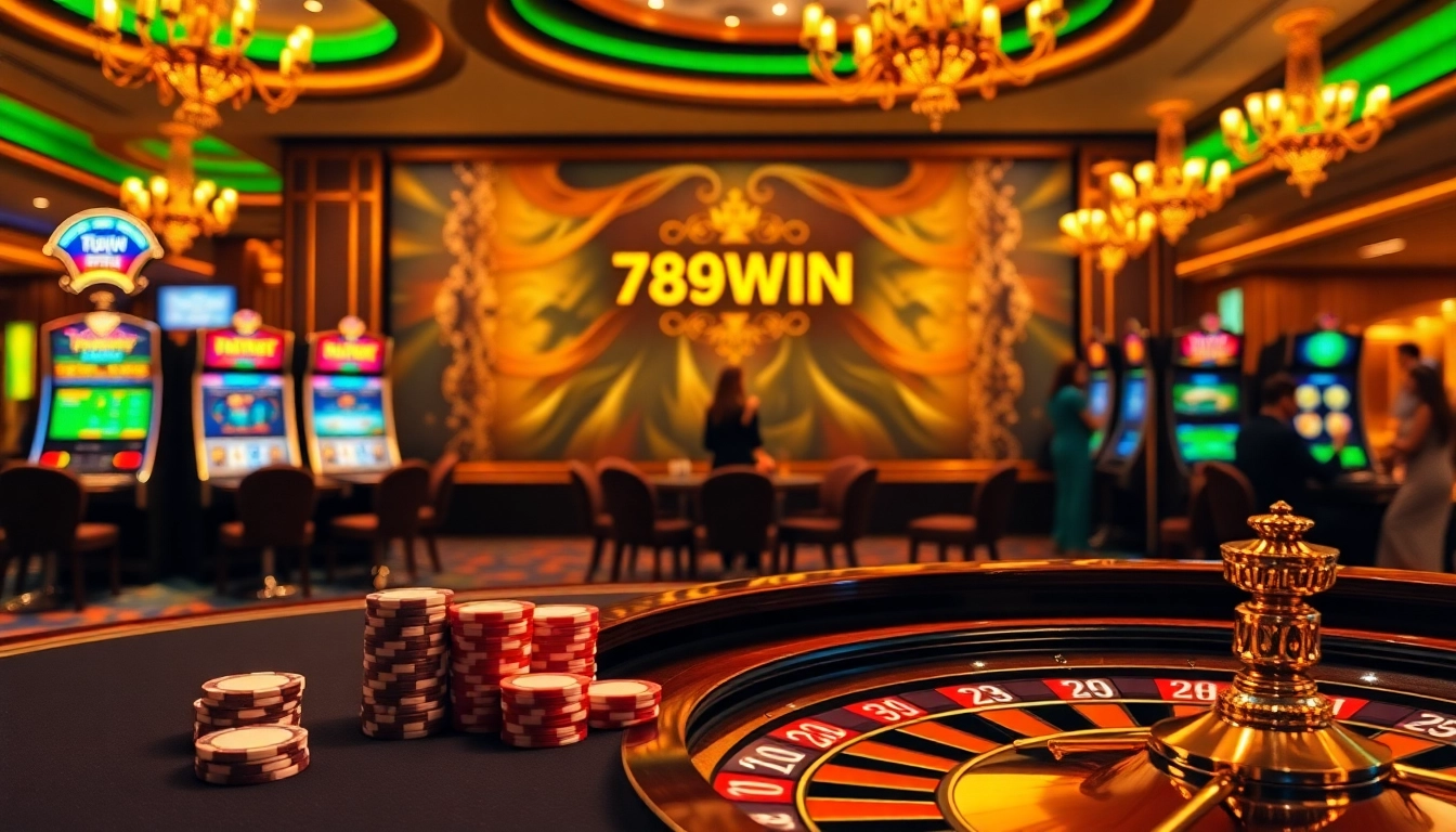 Gamblers enjoying a vibrant casino experience with 789WIN logo prominently displayed.