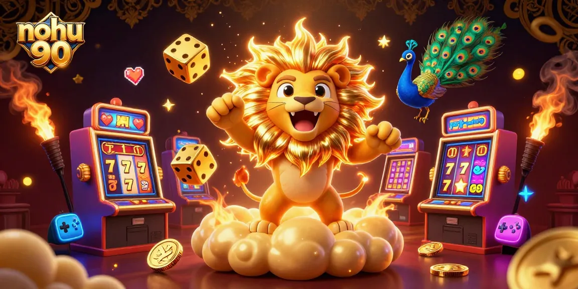 Spin to win with nohu 90 at the vibrant 3D casino, featuring golden dice and dynamic slot machines!