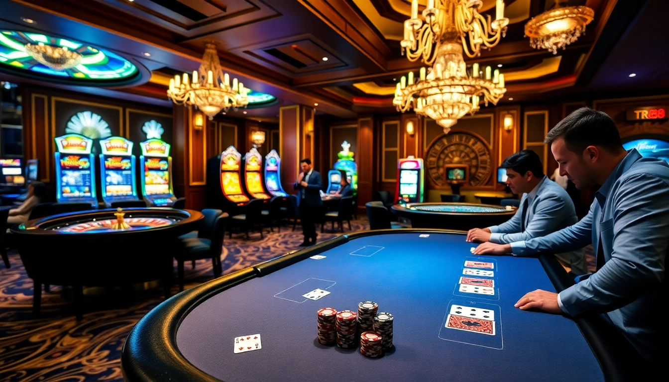 TR88 poker players engaged in a high-stakes game, showcasing excitement in a luxurious casino setting.