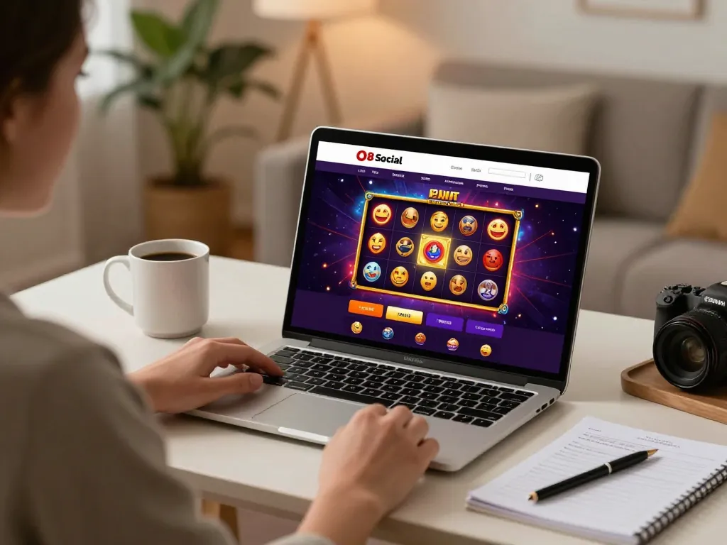 Player exploring O8 Social online casino interface at home, highlighting a cozy gaming setup.