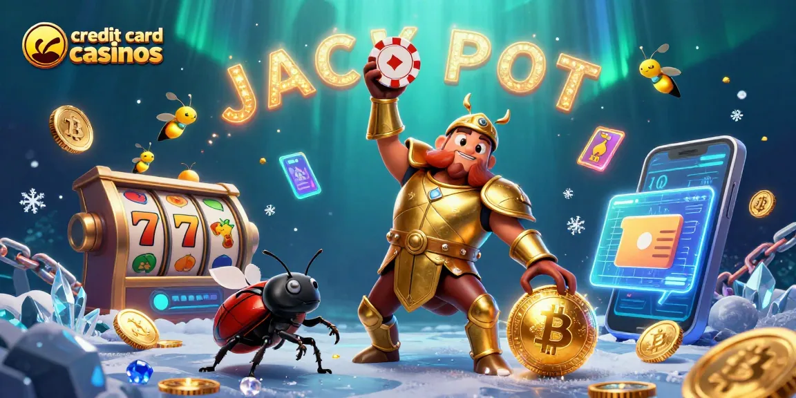 Engage with exciting credit card casinos featuring a victorious hercules beetle character lifting a poker chip.