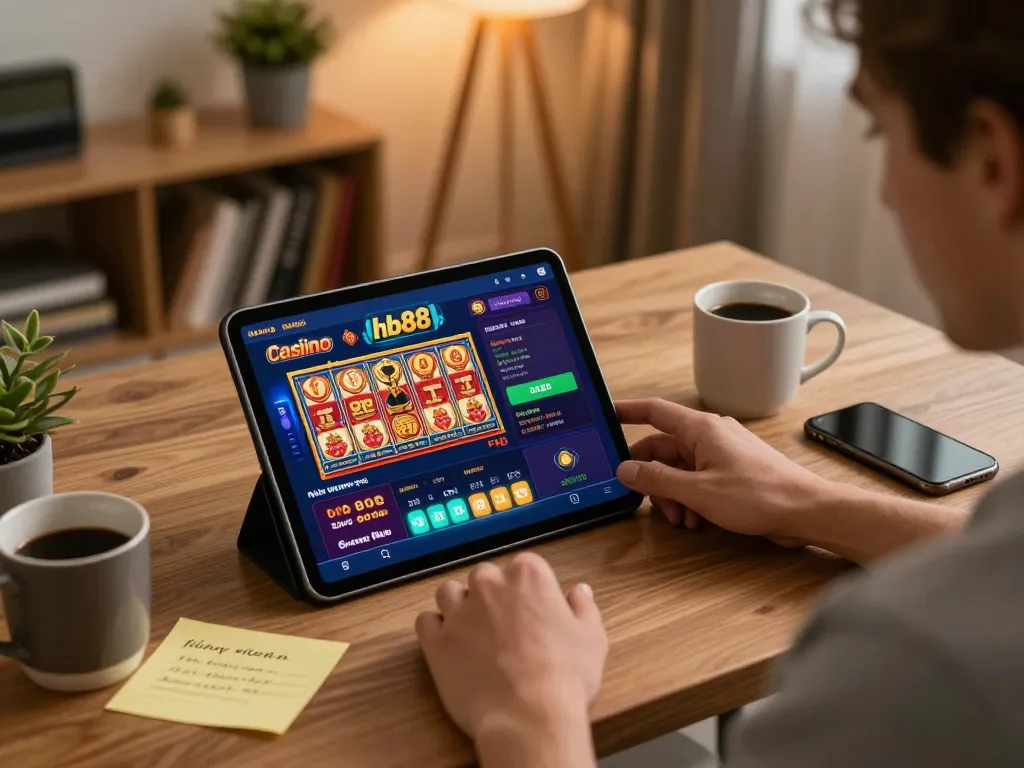 Engaging online gambling experience on hb88 app displayed on tablet in a cozy home setting.