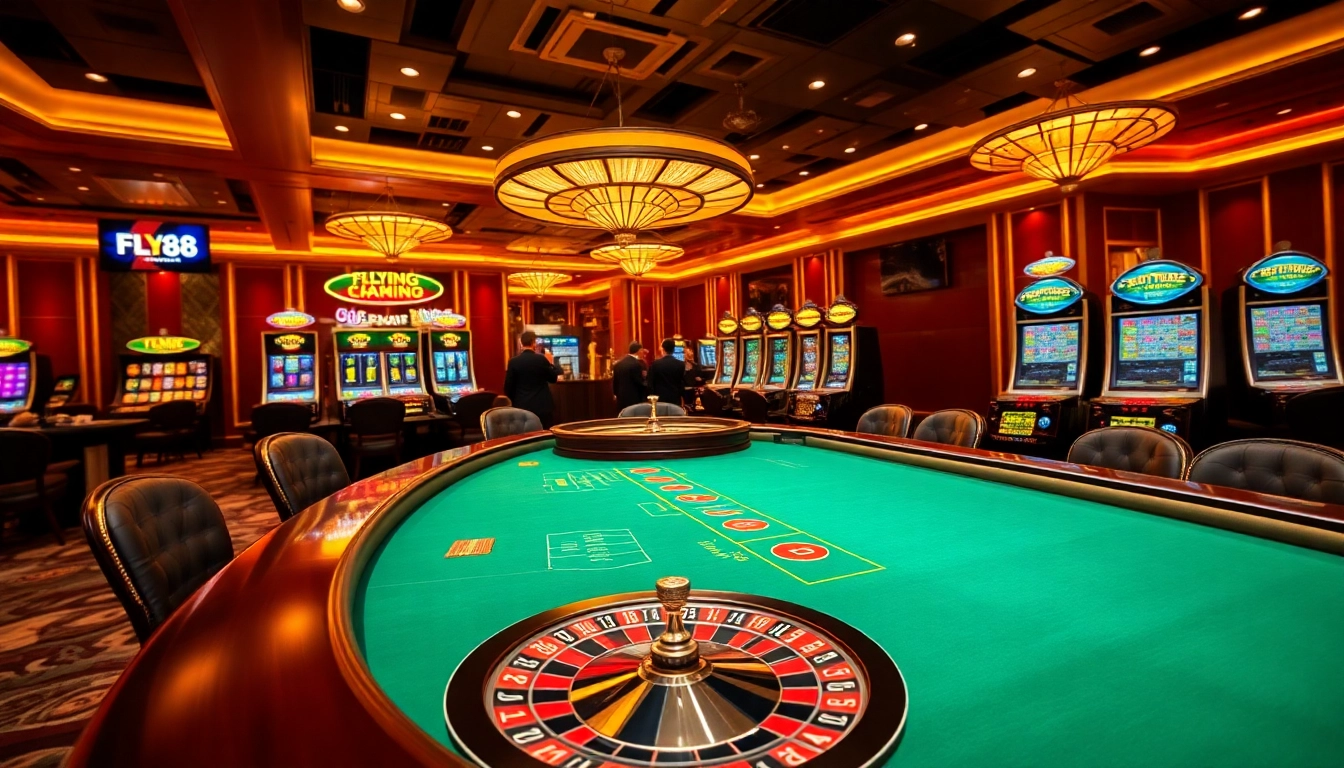 Players engaging in exciting bets at FLY88 casino with vibrant tables and thrilling atmosphere.