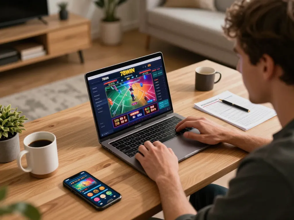 Engaging gameplay on 78WIN online casino platform displayed on laptop with colorful graphics