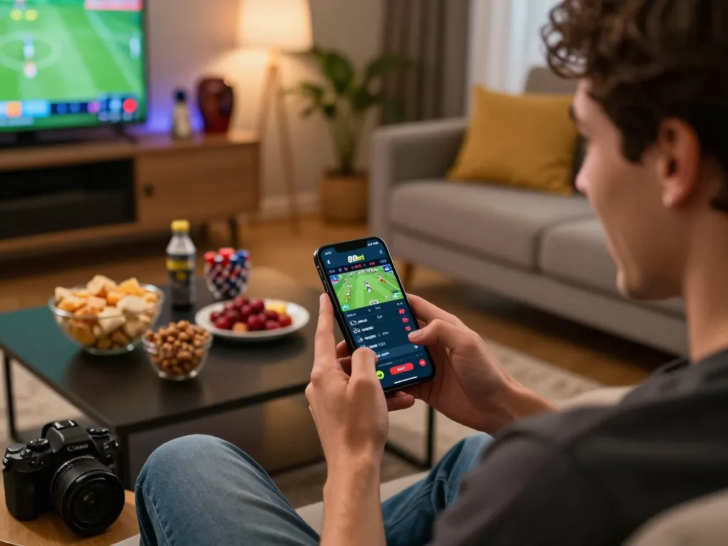 Betting enthusiast using the 89bet app on a smartphone while enjoying the game at home.