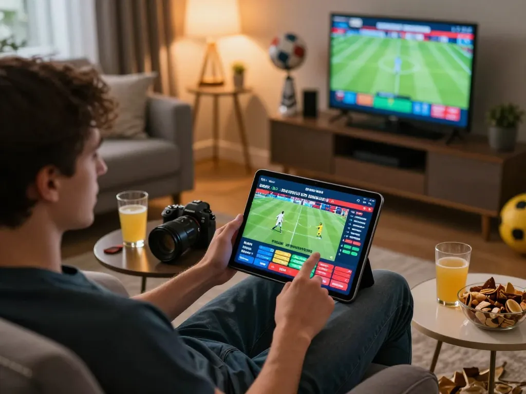 Spectator using soco live betting apps on a high-resolution tablet, capturing live sports excitement.