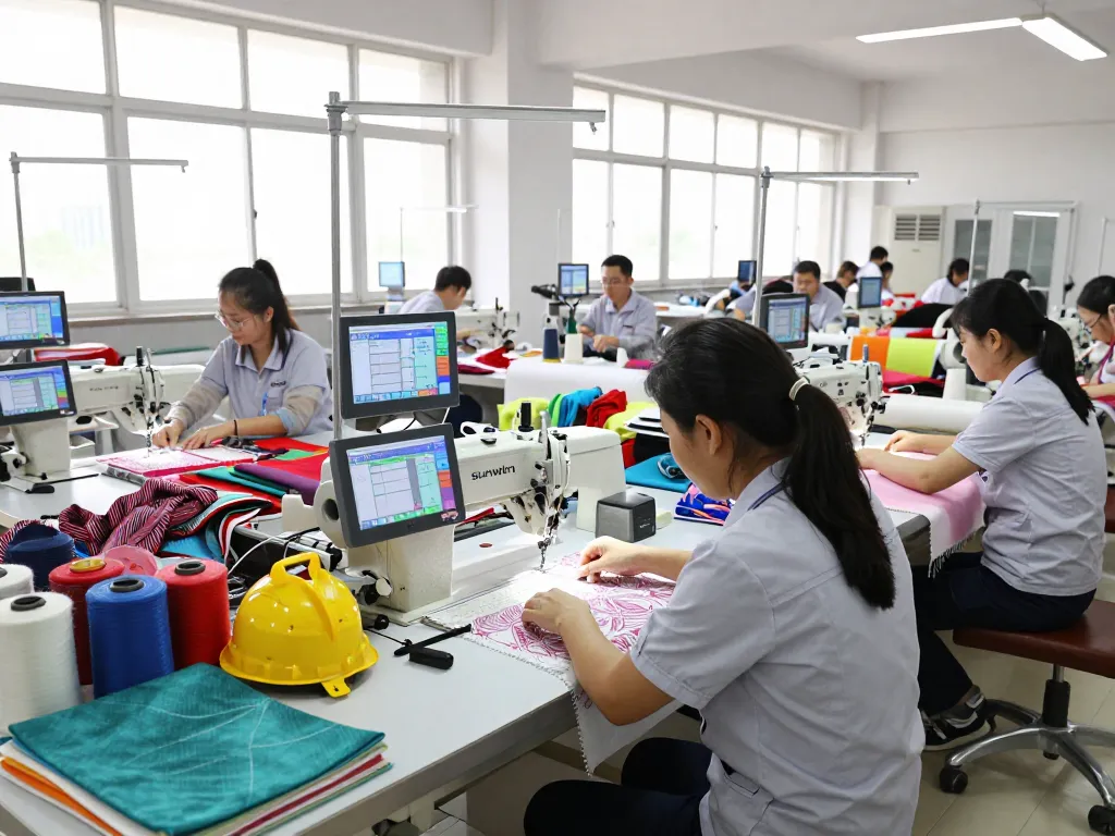 Sunwin textile workers collaborating with colorful fabrics in a modern manufacturing space.