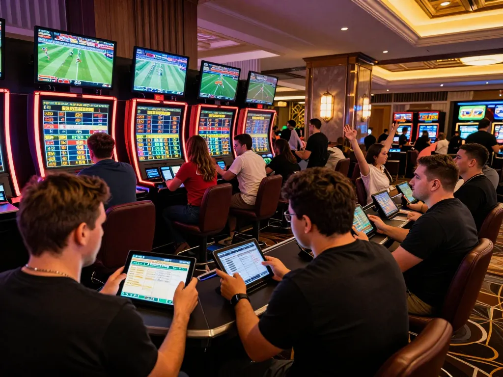 SAOBET bettors engaging in real-time sports betting excitement with screens and tablets.