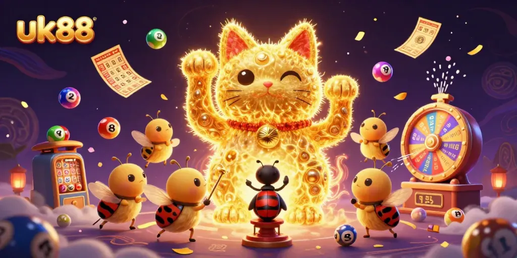 uk88 engages players with vibrant visuals of a lucky cat, dynamic lottery balls, and energetic casino symbols.