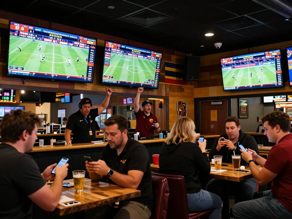 Engaging sports betting scene at Kkeonhacai platform with excited patrons placing bets.