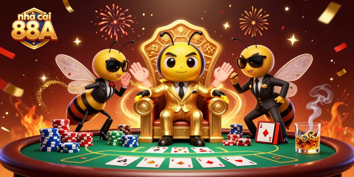 Engage with nhà cái 88AA's thrilling casino scene featuring a bumblebee mob boss and vibrant poker elements.