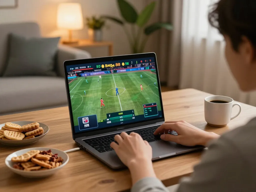 Bong88 online sports betting setup with cozy home lighting and live event on screen