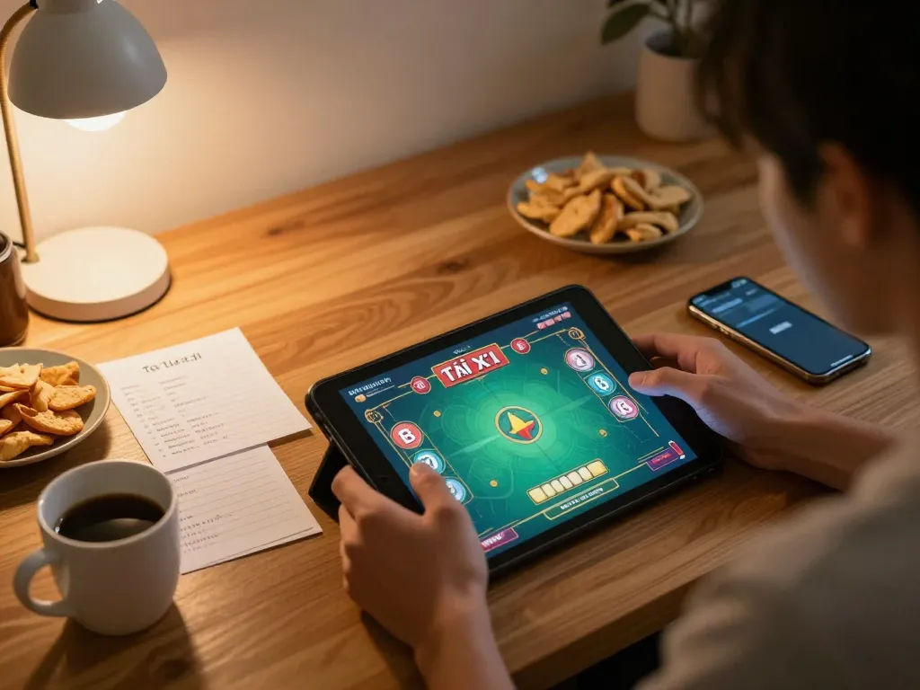 Tài Xỉu player strategizing their bets on a tablet in a cozy home setup, highlighting responsible gaming.