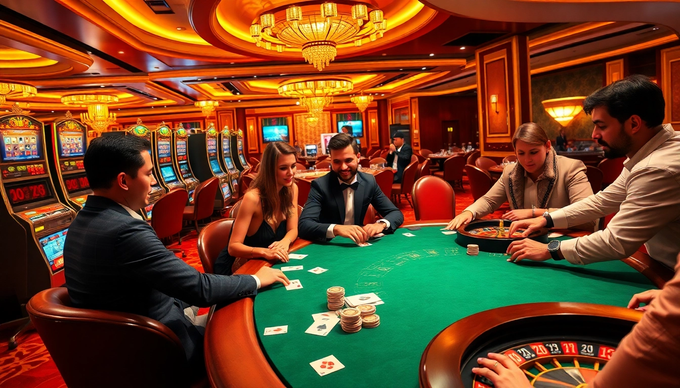 Players strategizing in a vibrant casino scene at fun79, highlighting poker tables and slot machines.