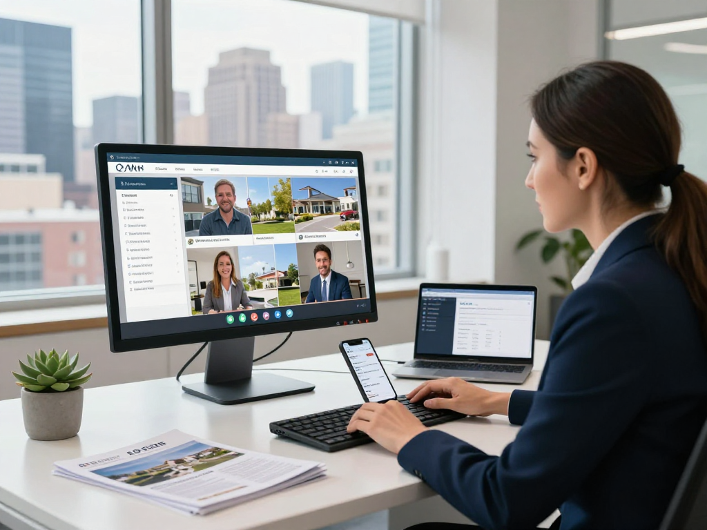 Real estate agent utilizing IDXSTAR technology in a modern office setting during a virtual consultation.