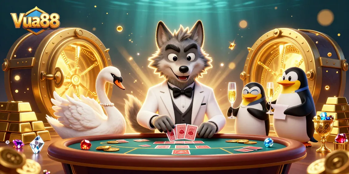 Experience winning moments at Vua88 with characters engaging around a vibrant baccarat table.