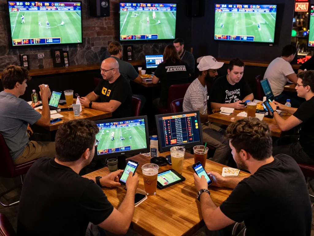 Engaged bettors enjoying live sports action while using 789WIN betting app in a vibrant sports bar.
