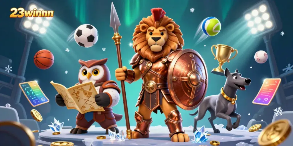 Experience the excitement of 23winnn with a dynamic 3D casino illustration showcasing sports action.