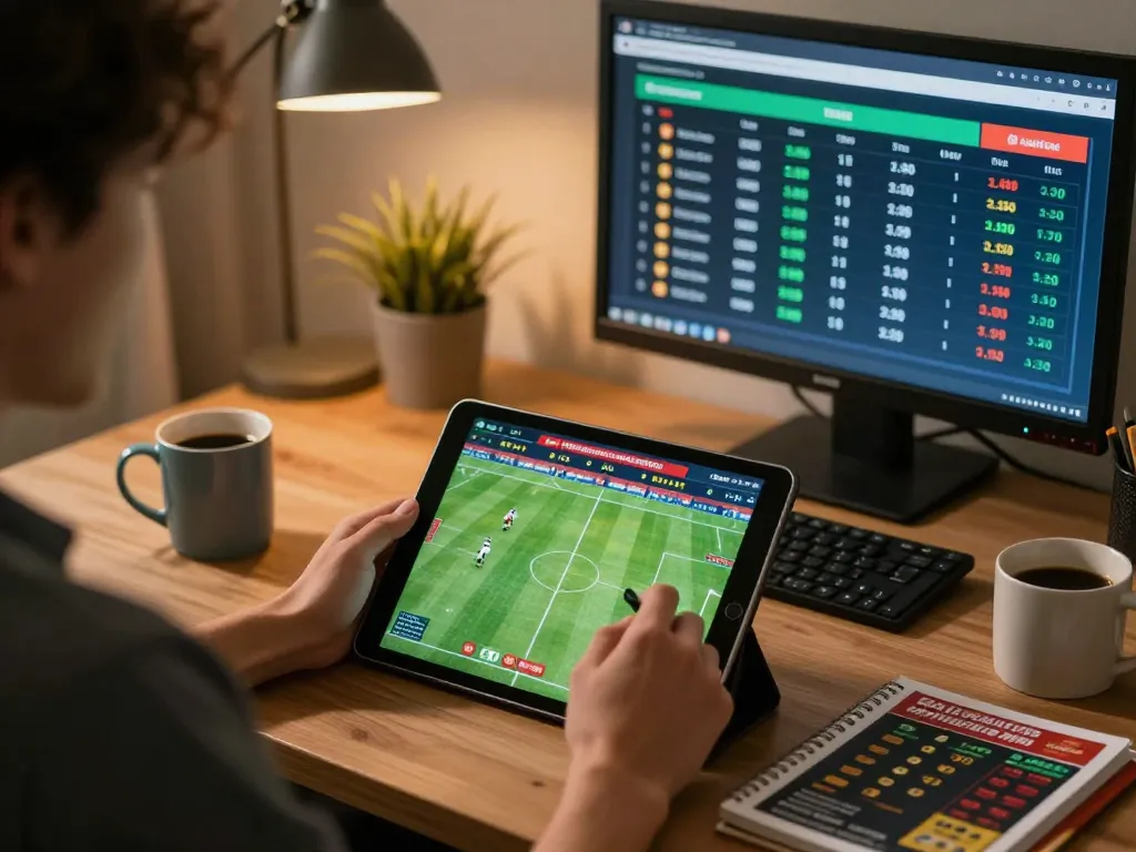 Engaged user placing bets on keonhacai platform from home, surrounded by sports decor and betting tools.