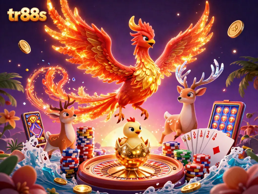 Experience thrilling gaming at tr88s with a phoenix rising above cascading winnings and vibrant casino elements.