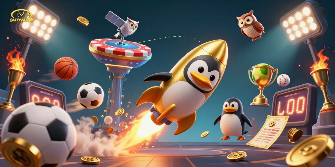 Experience sunwinx excitement with a golden penguin and casino elements in a vibrant space scene.